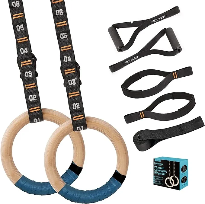 Vulken Wooden Gymnastic Rings with Adjustable Numbered Straps. 1.25'' Olympic ...