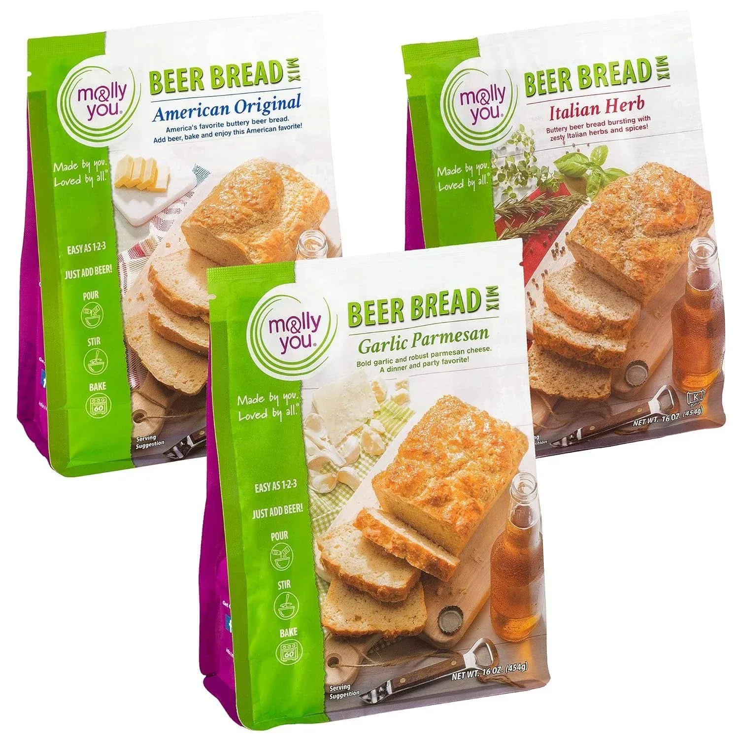 Molly & You Savory Beer Bread Mix Variety Pack (Pack of 3) - A Quick & Easy, Gourmet, Bread Mix, Artisan Bread Kit - No Bread Machine Needed - Just Add Beer or Soda