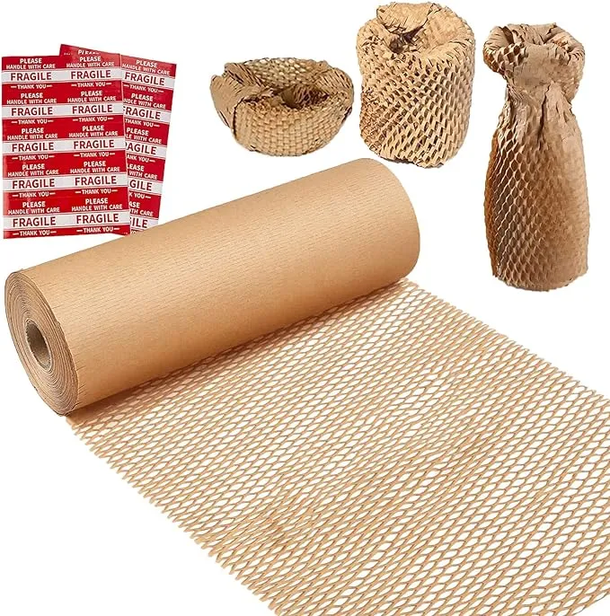 Honeycomb Packing Paper,12" W x 200' L Bubble Cushioning Wrap for Moving,Products & Gifts Wrapping Paper,Recyclable and Biodegradable Cushioning Packing Material with 20 Fragile Sticker Labels