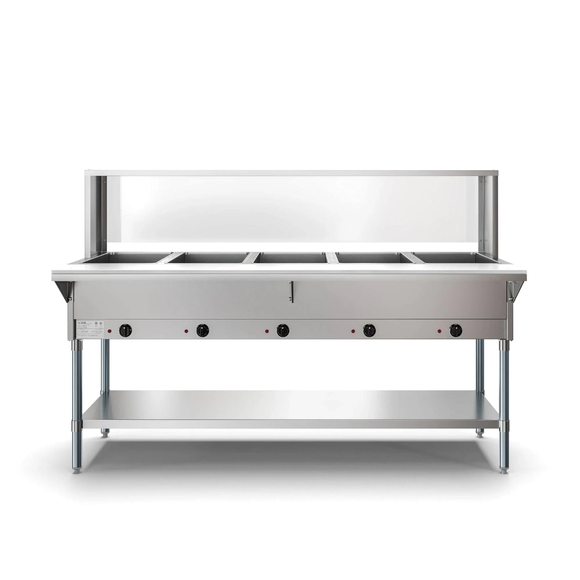 KoolMore 5-Pan Open Well Commercial Electric SS Steam Table Food Warmer for Buffets with Sneeze Guard, Overshelf, Undershelf, Warming Control Knobs, Front Serving Area [240V] (KM-OWS-5SG), SilverKoolMore 5-Pan Open Well Commercial Electric SS Stea…