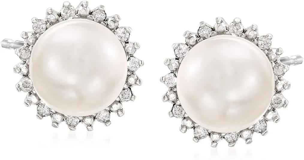 Ross-Simons 7-7.5mm Cultured Button Pearl and .13 ct. t.w. Diamond Stud Earrings in Sterling Silver