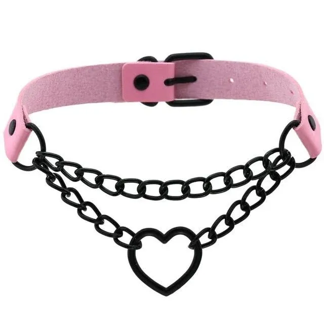 Pink Choker Black Heart Necklace