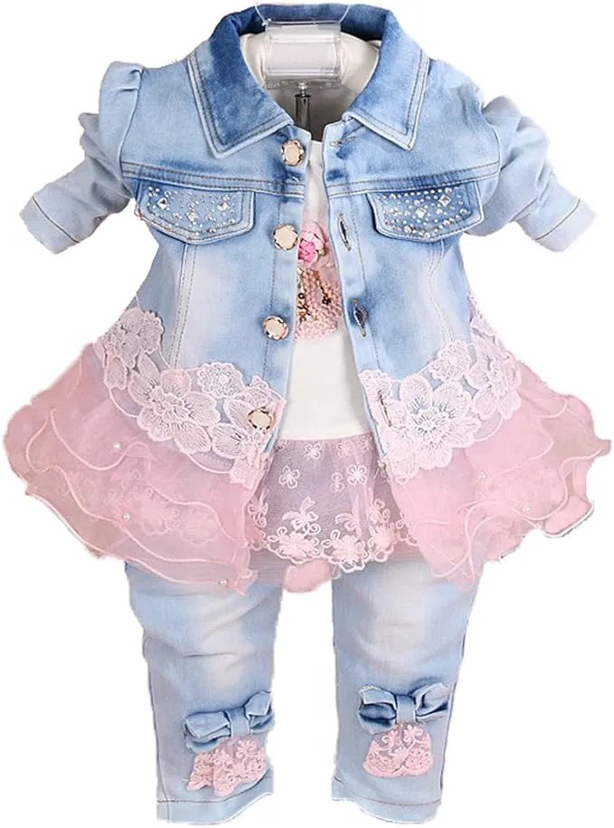 Yao Baby Girls Denim Clothing Sets 3 Pieces Sets T Shirt Denim Jacket and Jeans