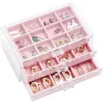 ProCase Earring Holder Organizer Jewelry Box with 3 Drawers, Acrylic Clear Earring Case with Adjustable Velvet Trays for Women - Pink, 3 Layers