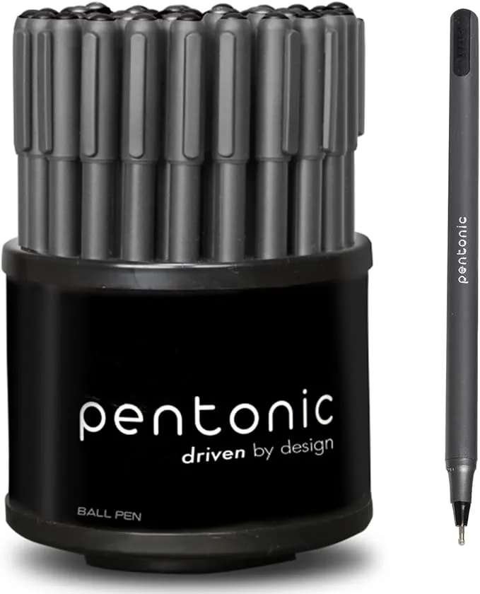 Linc Pentonic Black Ball Point Pen 1.0 mm Medium Point, 50 Pack + Pen Organizer for Desk | Lightweight & Smooth Premium Pens for