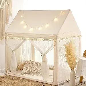 HAN-MM Kids Play Tent Large Playhouse with Mat/Star Light/Star Garland/Tassel Macrame Boho Style Indoor&Outdoor Play Tent for Kids, Neutral Color, 52x35x52