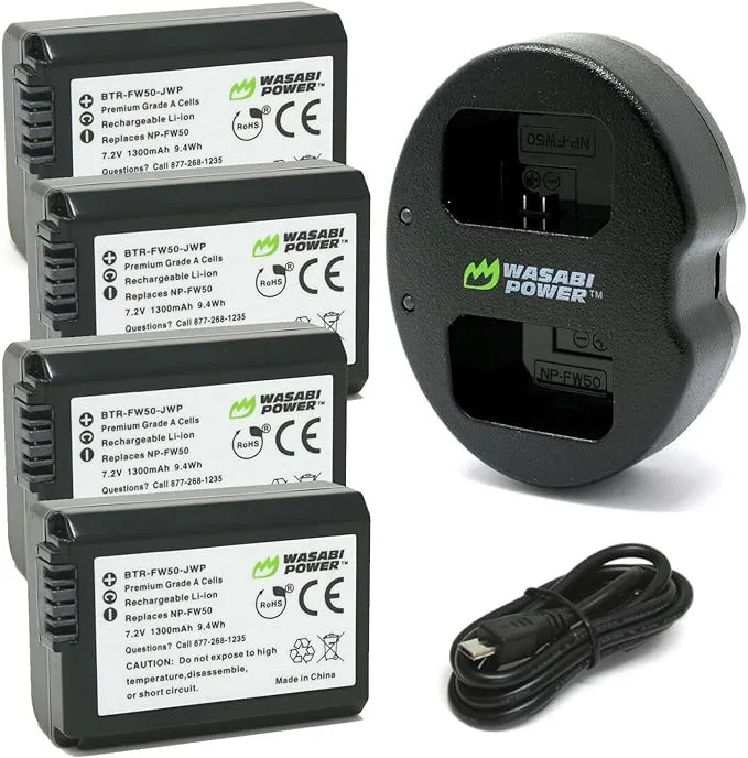 Wasabi Power Battery (4-Pack) and Dual USB Charger for Sony NP-FW50 and ZV-E10, Alpha a5100, a6000, a6300, a6400, a6500, Alpha a7, a7 II, a7R, a7R II, a7S, a7S II, DSC-RX10 III, RX10 IV & More