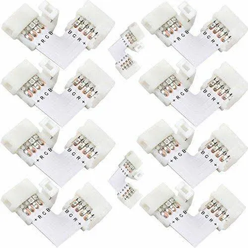 L Shape 4-Pin LED Connectors 10-Pack JACKYLED 10mm Wide Right Angle Corner Solderless Adapter Connector Terminal Extension with 22Pcs Clip Connectors