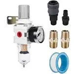 Nanpu 1/4" NPT Compressed Air Filter Regulator Combo Piggyback, 5 Micron Brass Element, Poly Bowl, Semi-Auto Drain, Metal Bracket, 0-150 psi Gauge