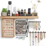 Solimintr Hanging Jewelry Organizer Wall Mount with Rustic Wood Shelf