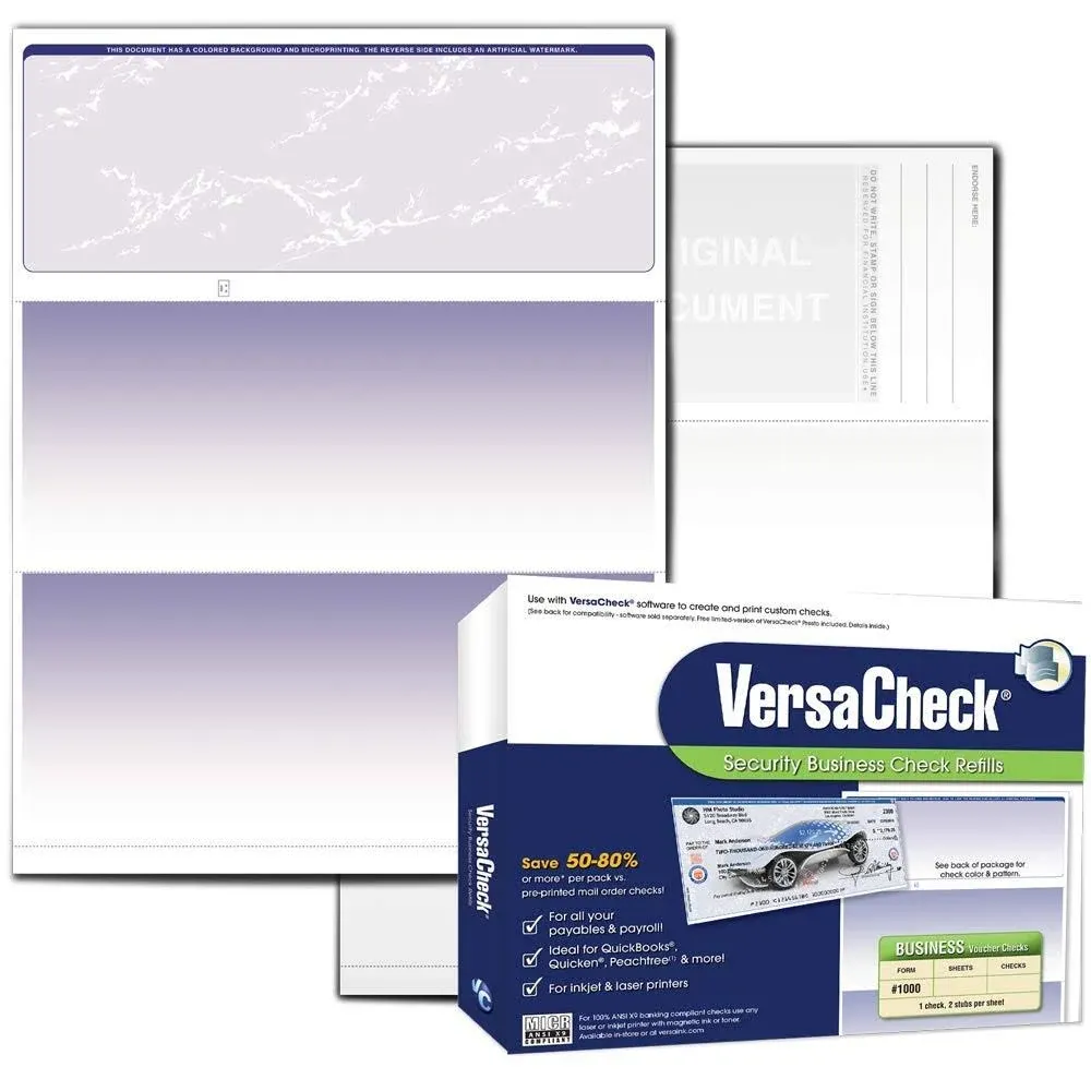 VersaCheck Security Business Check Refills: Form #1000 Business Voucher - Blue - Prestige - 1000 Sheets