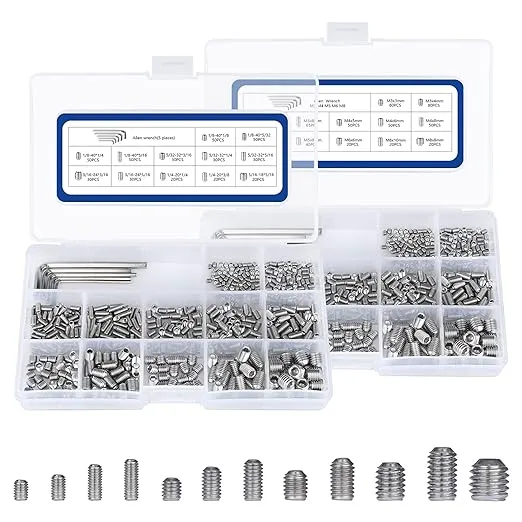 1000Pcs Metric + SAE Set Screw Assortment Kit, Internal Hex Drive Cup-Point Alle