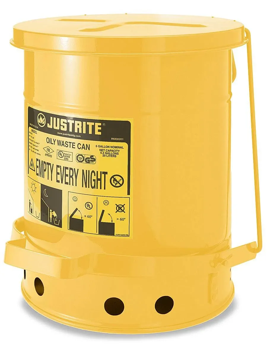 Justrite 09101 Oily Waste Can, 6 Gallon, Foot-Operated Self-Closing Cover, Yellow