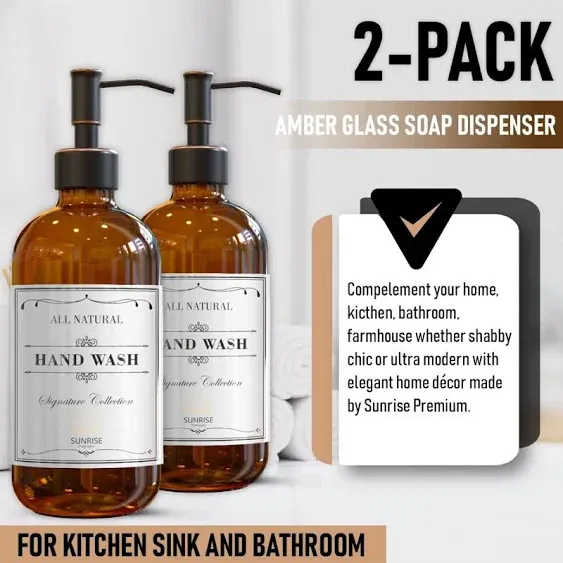 Sunrise Premium 2 Pack Amber Glass Soap Dispenser