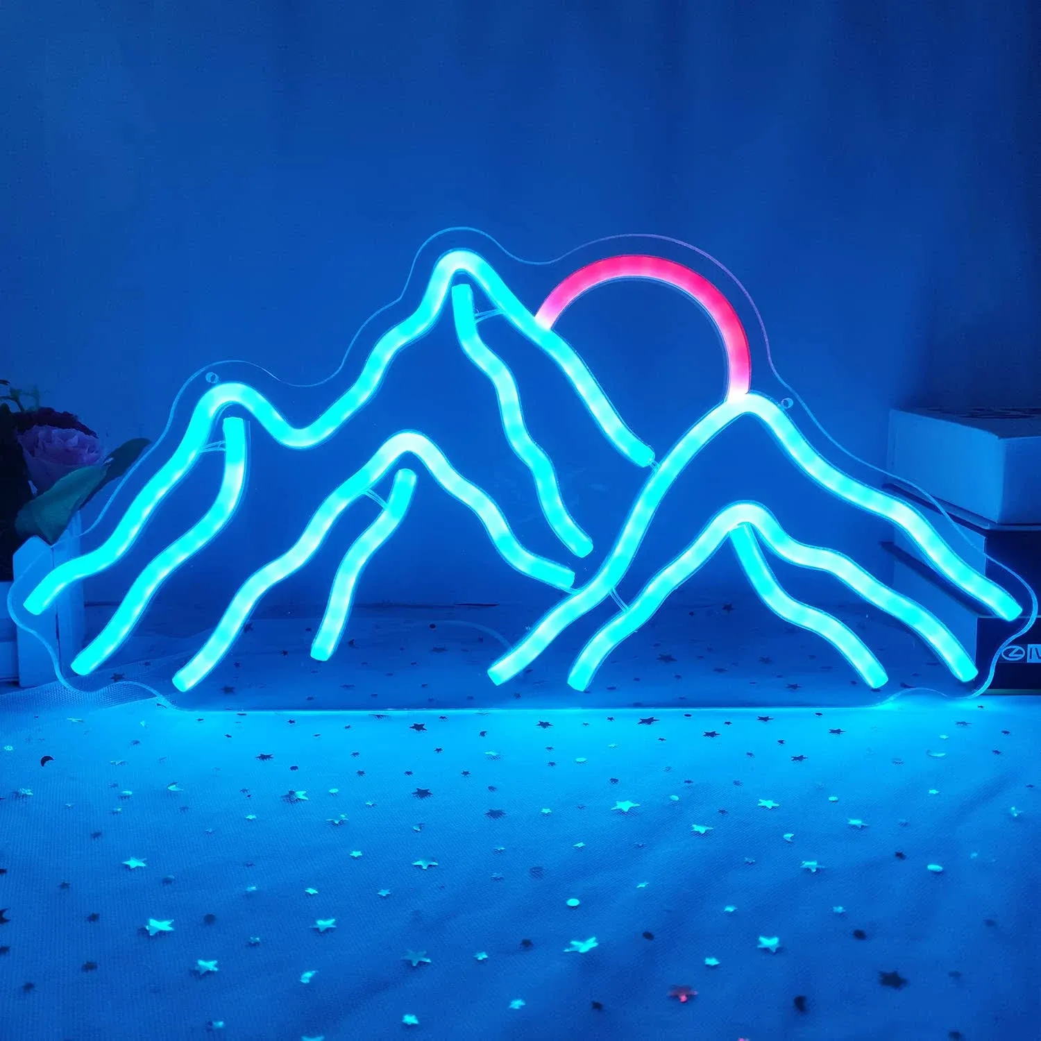 1pc Mountain Dimmable Neon Sign, For Wall Decoration, Sunrise And Sunset Neon Sign Mountain Led Neon Sign, For Bedroom Living Room Hotel Decoration, Christmas Gift (ice Blue, Red)