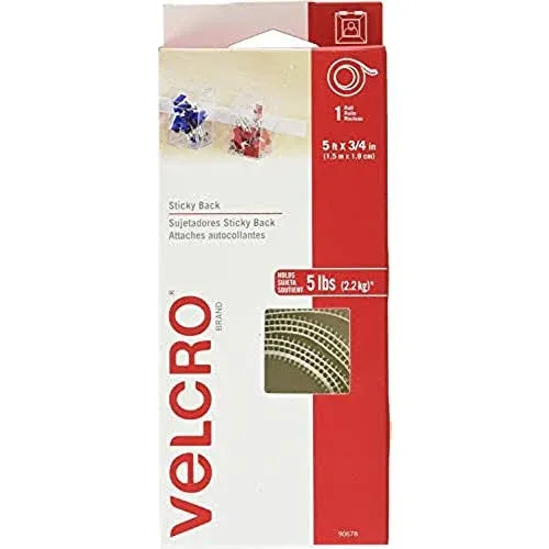 VELCRO Brand 5 Ft x 3/4 In  White Tape Roll with Adhesive  Cut Strips to Length  Sticky Back Hook and Loop Fasteners  Perfect for Home,  Office or Classroom