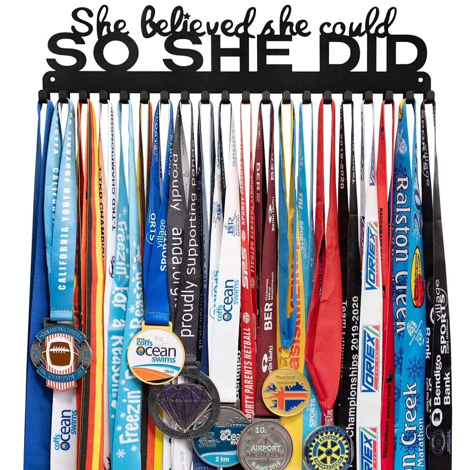 She Believed She Could SO SHE DID Medal Hanger Holder Display Wall Rack Frame-Running Medal Hanger Display Awards Ribbon Cheer,Marathon,Gymnastics,Soccer,Softball