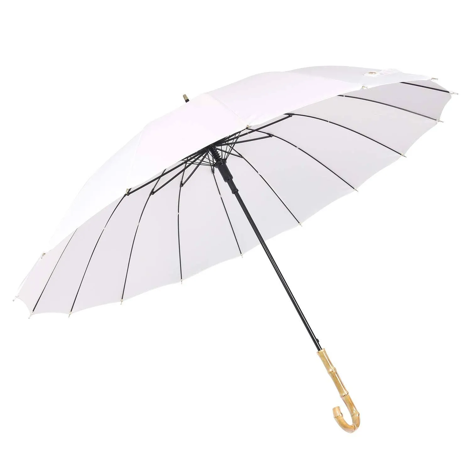 ThreeH Bamboo Stick Umbrella Auto Open Solid Color Fashionable and Simple 190T 16 Ribs,KS08 White