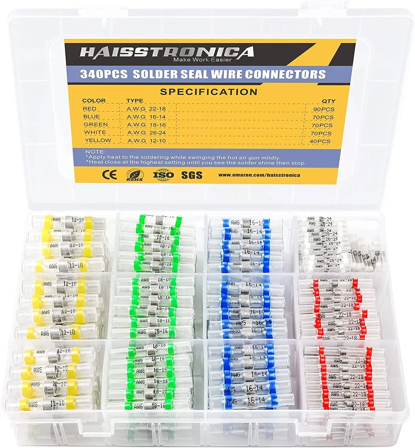 340PCS Solder Seal Wire Connectors-haisstronica Marine Grade Heat Shrink Wire Connectors-Butt Splice Wire Terminals for Marine,Electrical