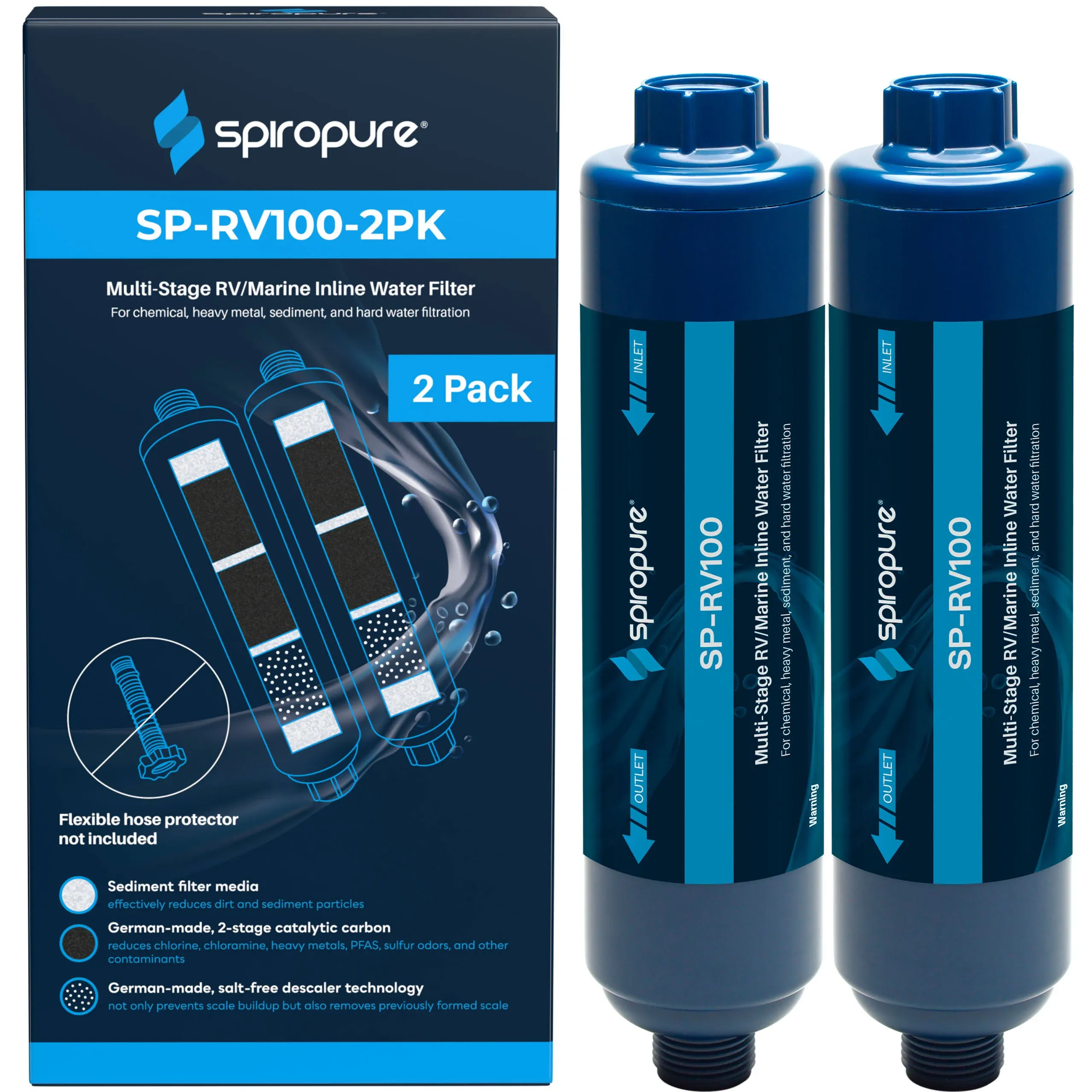 2pk of SpiroPure Multi-Stage RV Marine Inline Water Filters - Sediment Carbon Hard Water Chlorine Chloramine Heavy Metals PFOA PFAS (Flexible Hose