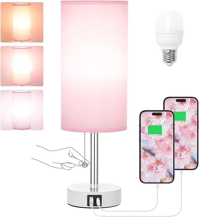 Hong-in Nightstand Lamp with 3 Color Modes Pink for Bedroom USB-C USB-A Charging Ports 3000 4000 5000K Bedsides by Pull Chain at MechanicSurplus.com