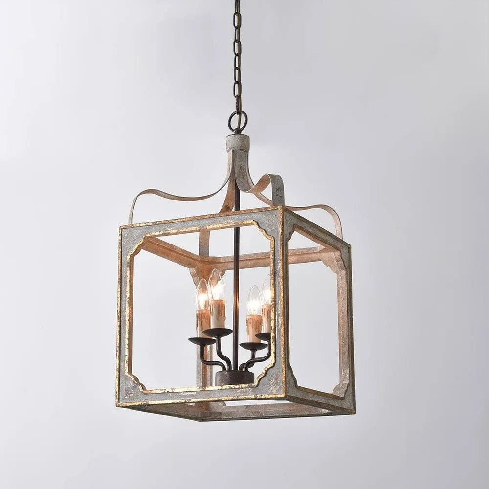 Homary French 4-Light Lantern Chandelier Square Candelabra Pendant Light in Antique Gray