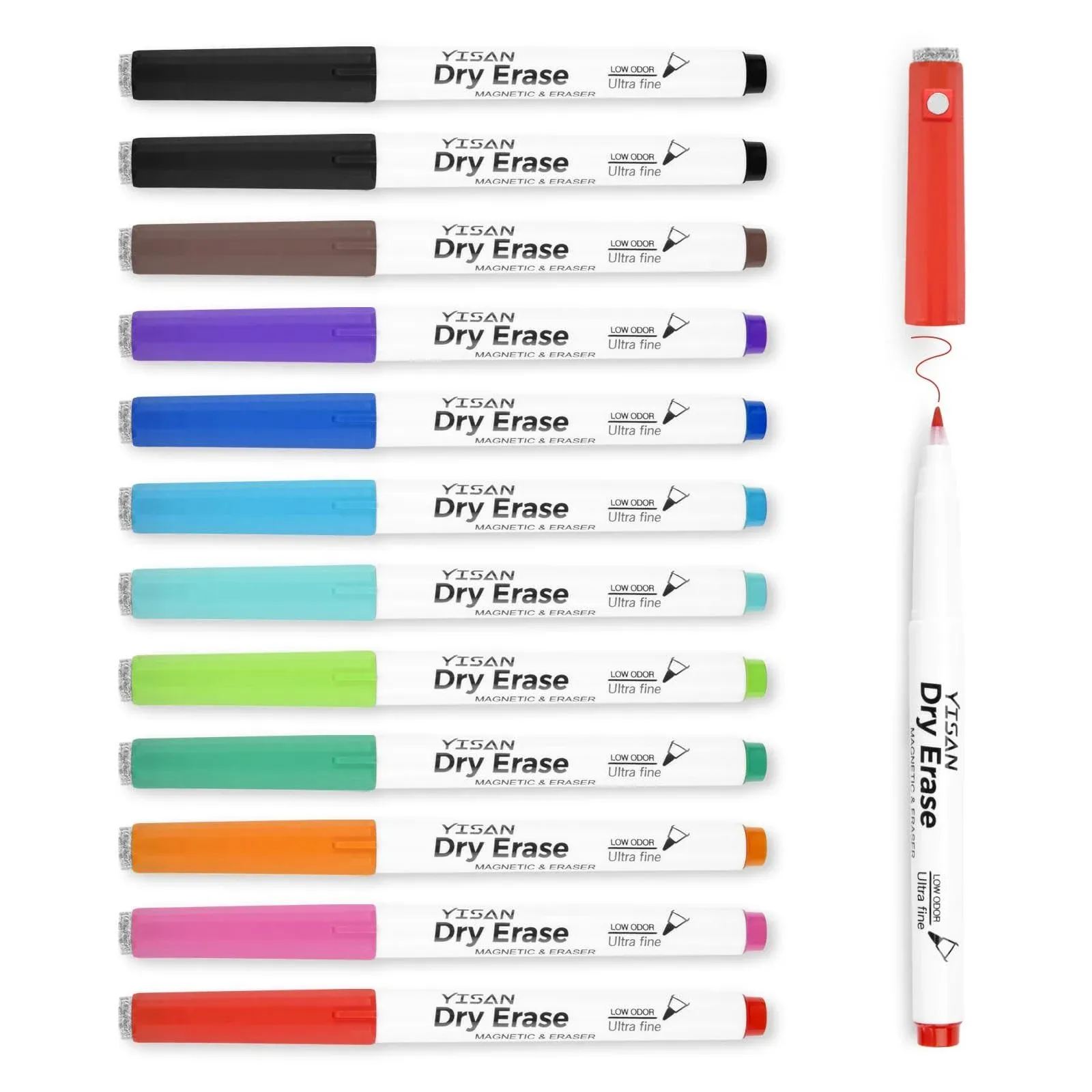 YISAN Magnetic Dry Erase Markers Ultra Fine Tip, 0.7mm, Extra Fine Point, Whiteboard Markers with Erasers,Assorted Colors, Low Odor,12 Count,70559