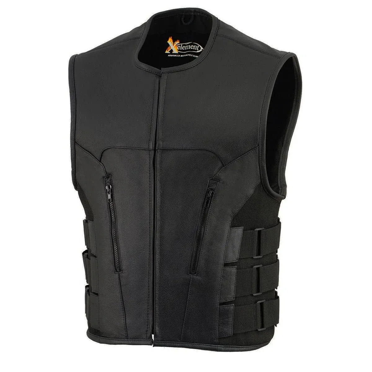 Xelement B95080 Men's Black Advanced Triple Strap Design Leather Motorcycle Vest - Black / 3X-Large