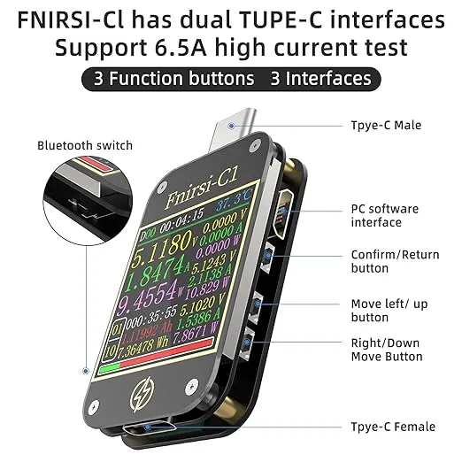 MakerHawk Tc66c USB Tester Bluetooth USB C Power Meter USB Voltage Meter Type-C Current and Voltage Monitor, USB Safety Tester, PD Battery Capacity