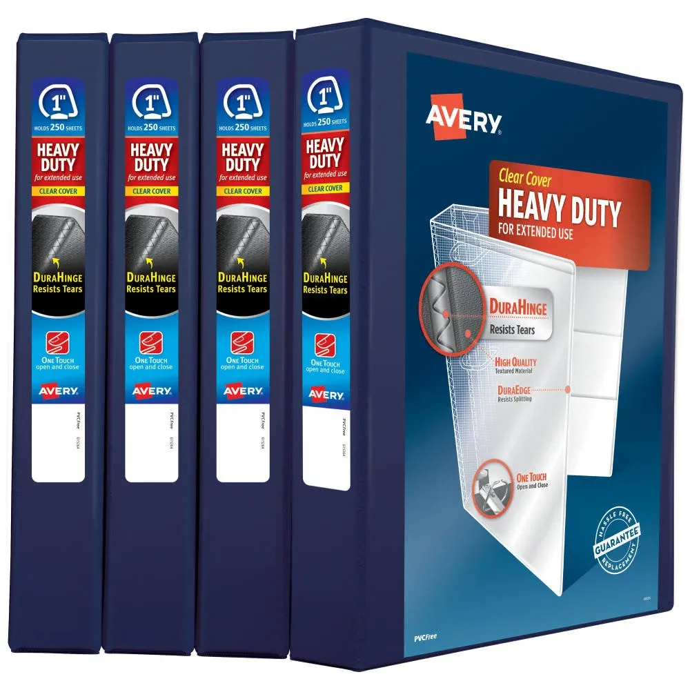 Avery Heavy-Duty View 3 Ring Binders, 1" One Touch Slant Rings, Navy Blue, Pack Of 4