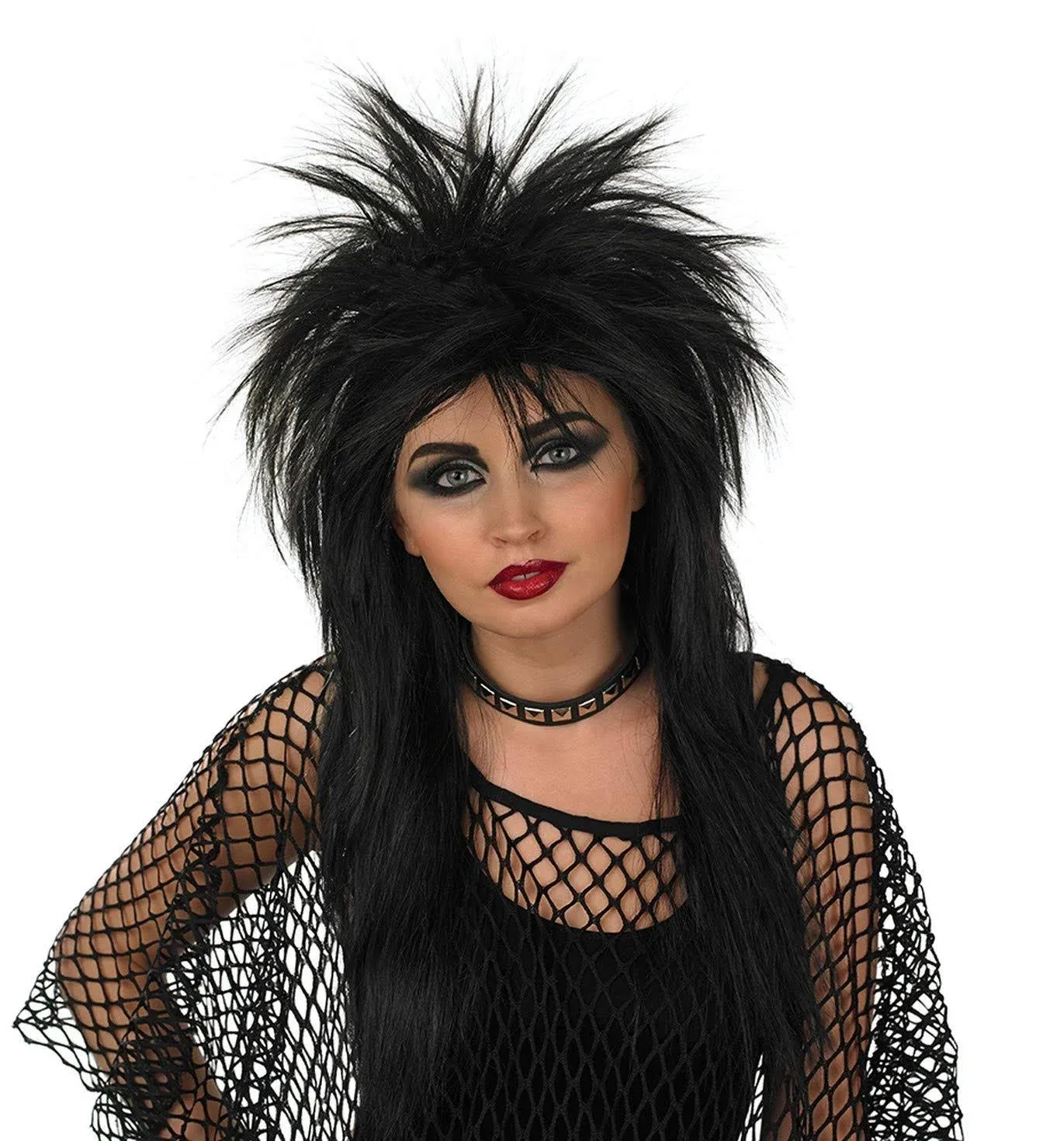 Mens Womens Black Glam Rock Wig for 80s Spiked Hair Rocker Rock Star Fancy Dress