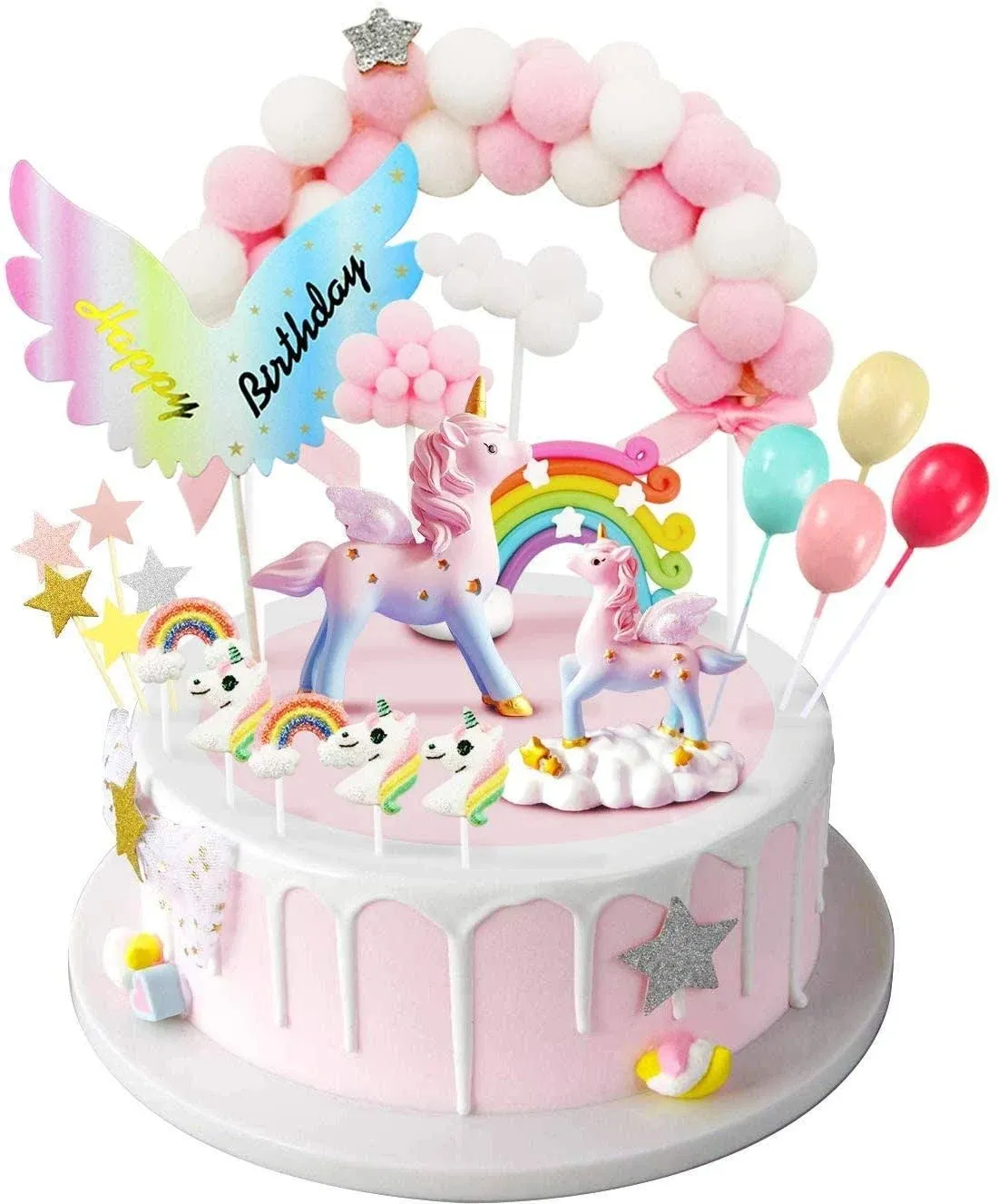 MOVINPE Unicorn Cake Topper Magic Unicorns Sculpture Pink Hairball Arch Rainbow ...