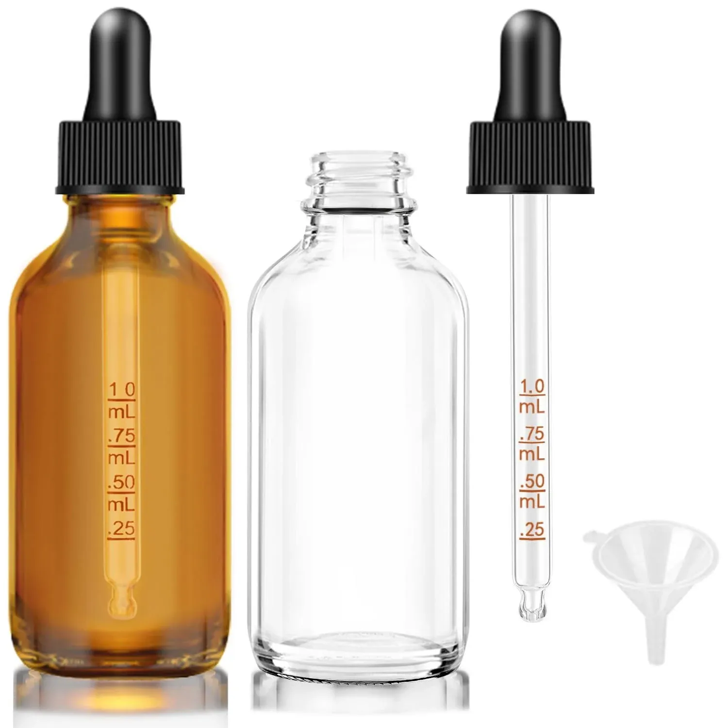 2 oz Clear and Amber Bottle, 2 pack Glass Dropper Bottles for Essential Oils Bottles with Funnel, Labels and Measured Dropper - Leakproof Essential Oils Bottles