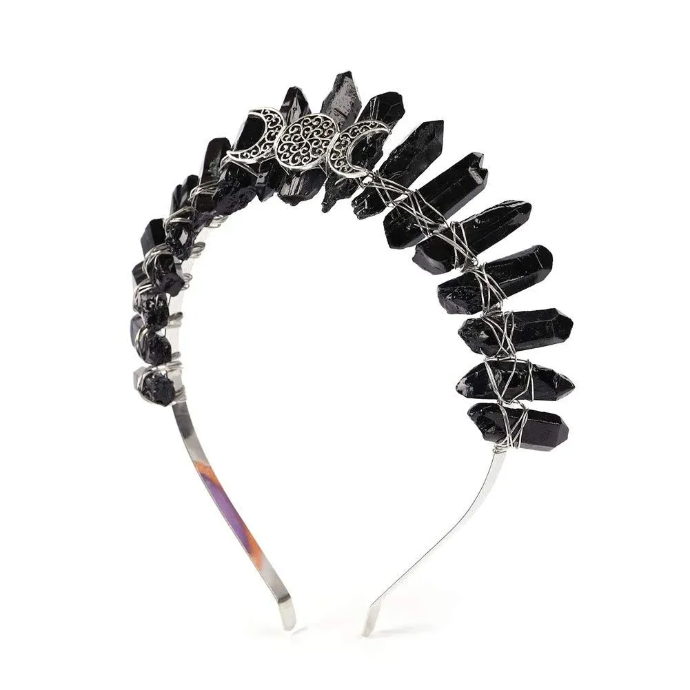 Halloween Raw Crystal Tiara Crown Headband, Black Quartz Moon Goddess BLACK 