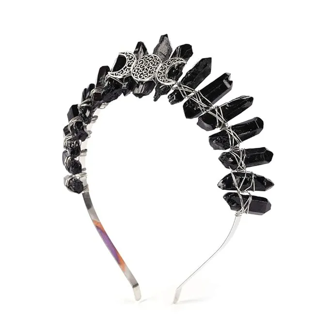 Halloween Raw Crystal Tiara Crown Headband, Black Quartz Moon Goddess Witch