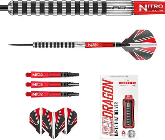 RED DRAGON Javelin Black 22g, 24g - Tungsten Steeltip Darts Set with Flights and Stems