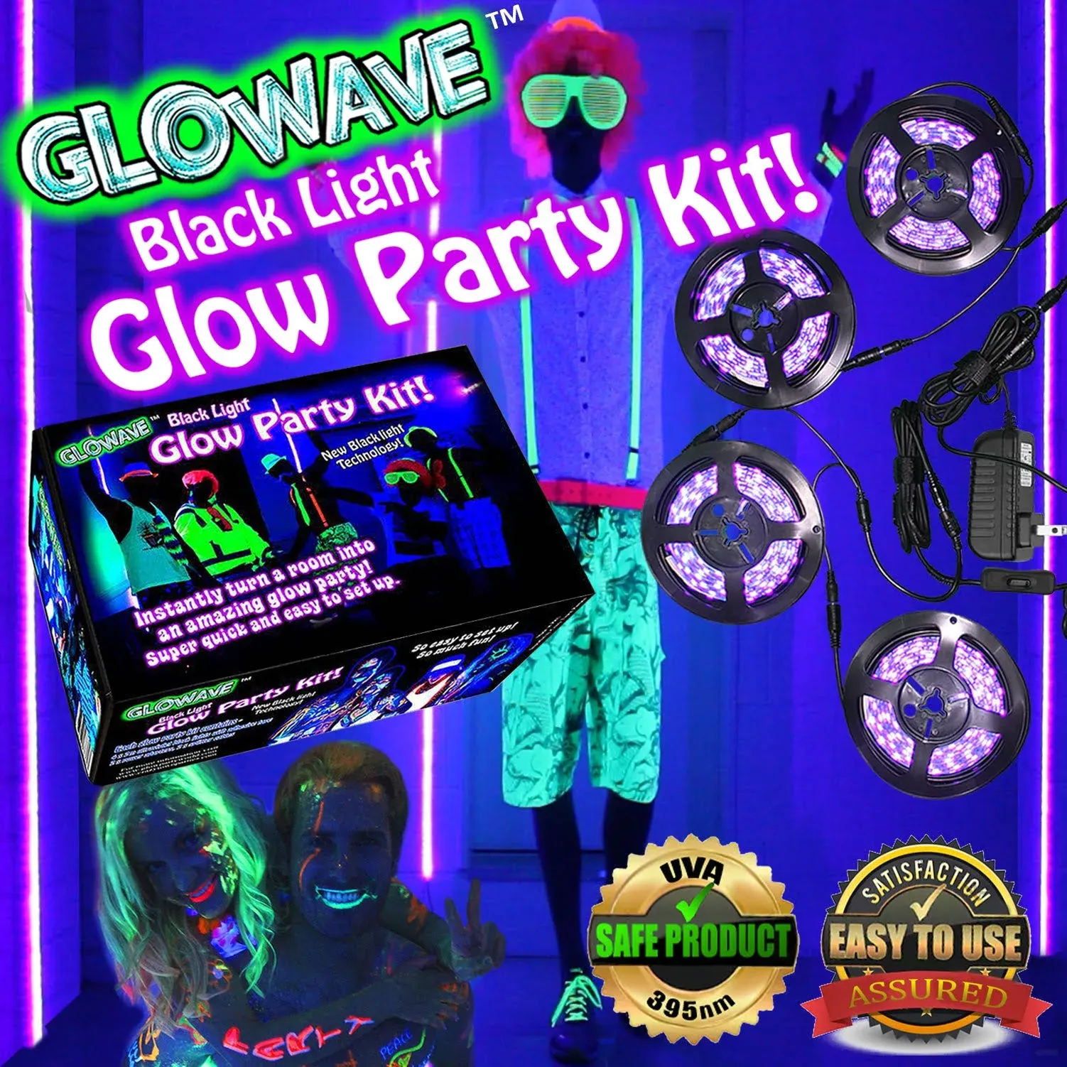 GLOWAVE BLACK LIGHT Glow Party Kit! 4 x LED UV blacklights strips for parties