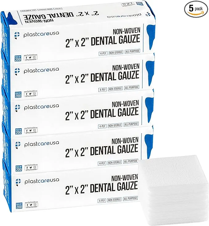 1000 Count Gauze Pads 2x2 - Soft 4-Ply Non Woven Gauze Sponges - Non Sterile Dental Gauze & Esthetic Wipes - All Purpose Medical Gauze Squares for First Aid, Surgical, Wound Dressing (5 Packs of 200)