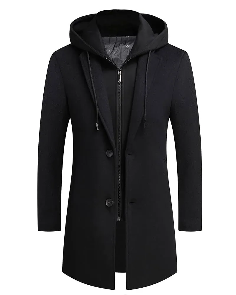 PRIJOUHE Men&#039;s Wool Coat Hoodie Long Trench Coat Cotton Casual Woollen Overcoat 