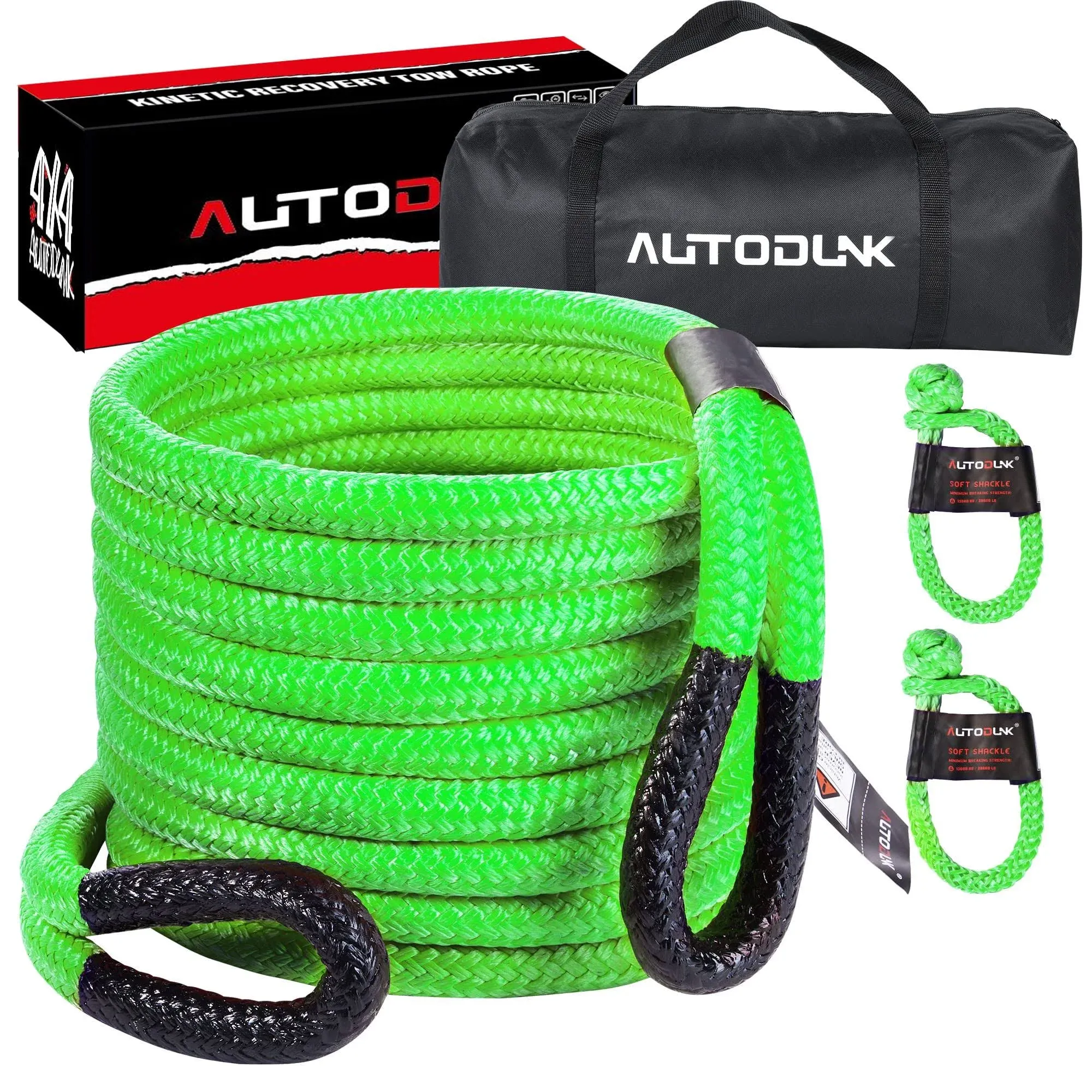 AutoDunk 1" x 30' Kinetic Recovery & Tow Rope (33,000lbs), with 2 Soft Shackles ...