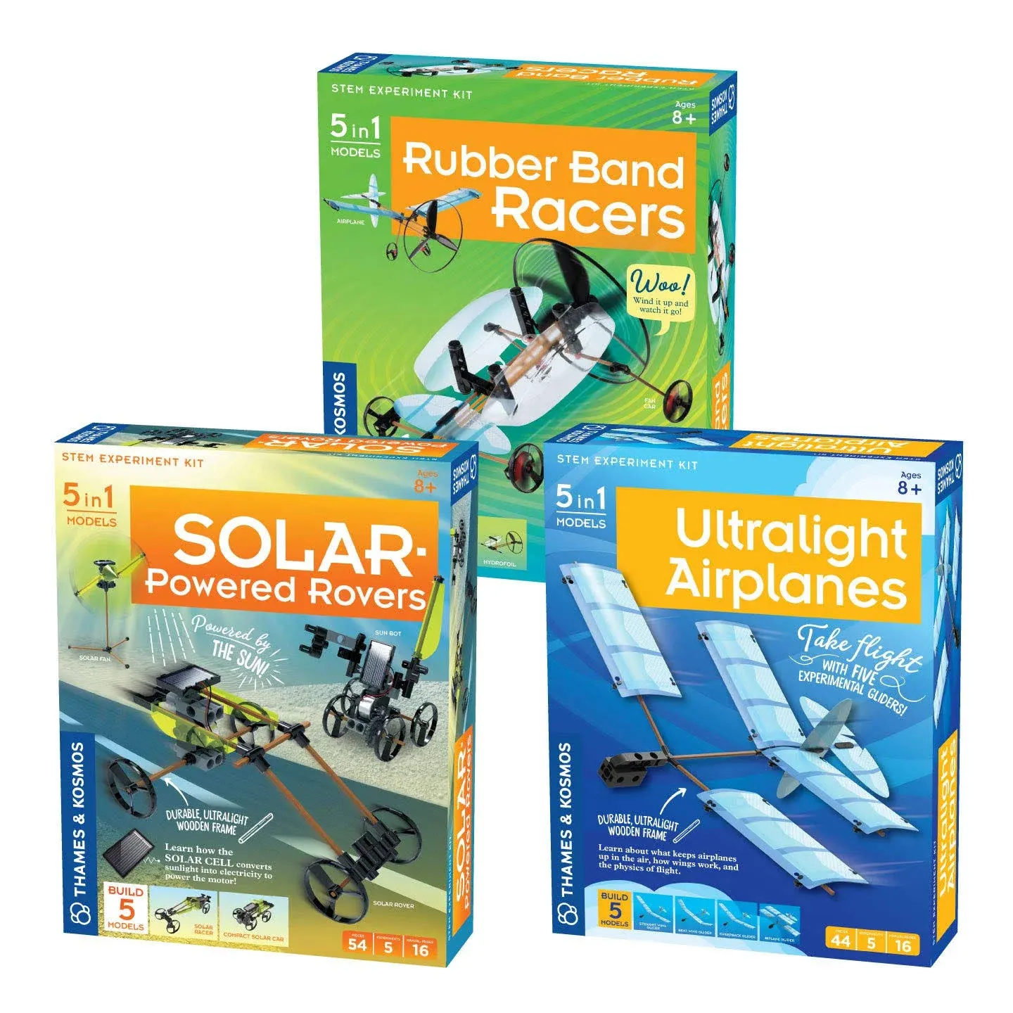 Fun & Educational Engineering 3-Pack. Ultralight Airplanes, Rubber Band Racers, and Solar-Powered Rovers