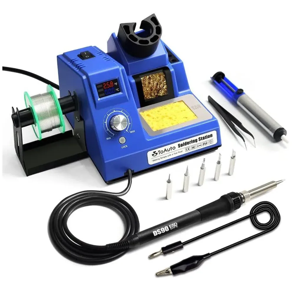 TOAUTO DS90 Soldering Station-°F & °C Dual Digital Display Soldering Iron Station Kit,90W Soldering Iron,302℉- 842℉ Temperature, Anti-Static & Grounding Wire, Auto Standby & Sleep,5 Solder Tips, Blue