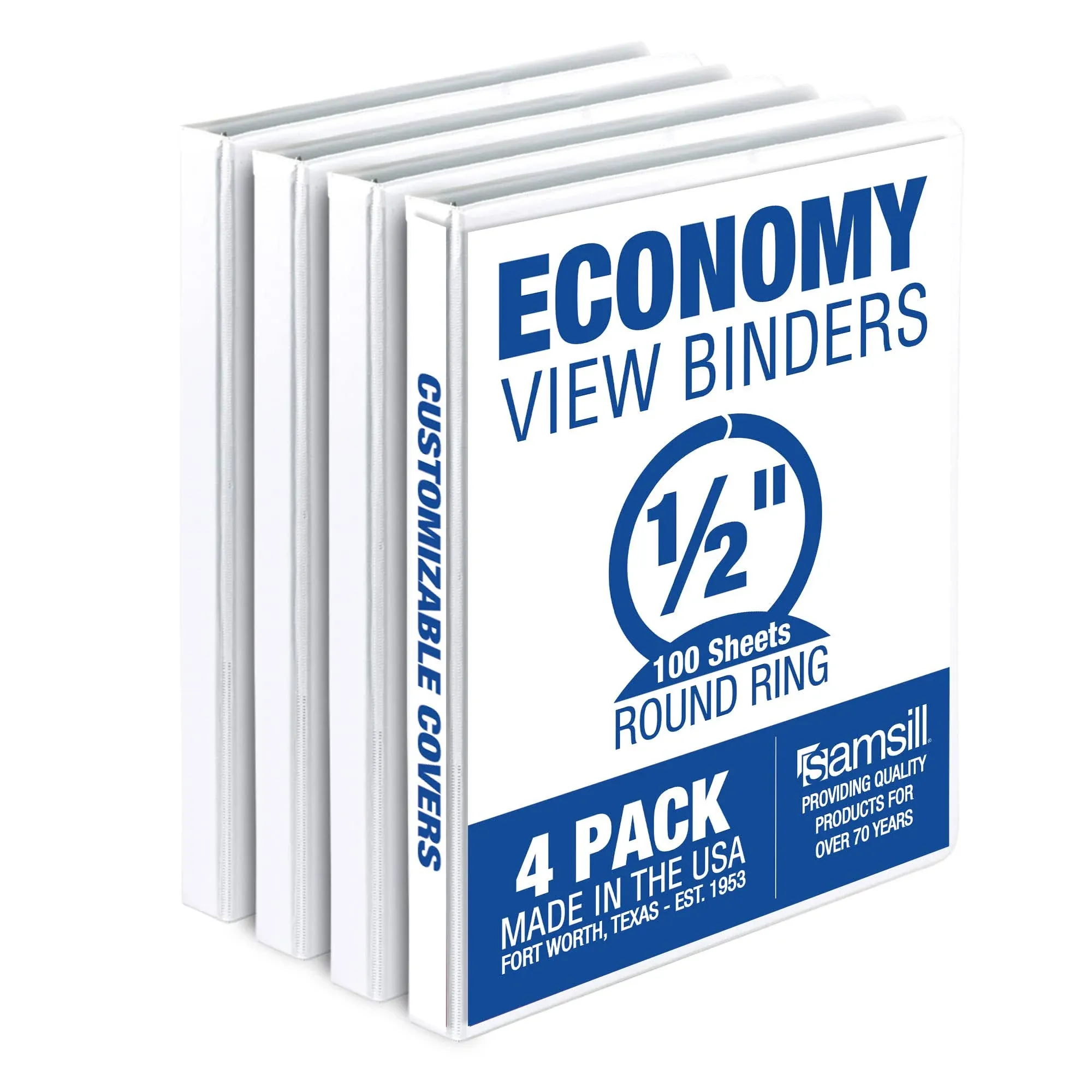 Samsill Economy 0.5 inch 3 Ring Binder, Made in The USA, Round Ring Binder, Customizable Clear View Cover, White, 4 Pack (MP48517)