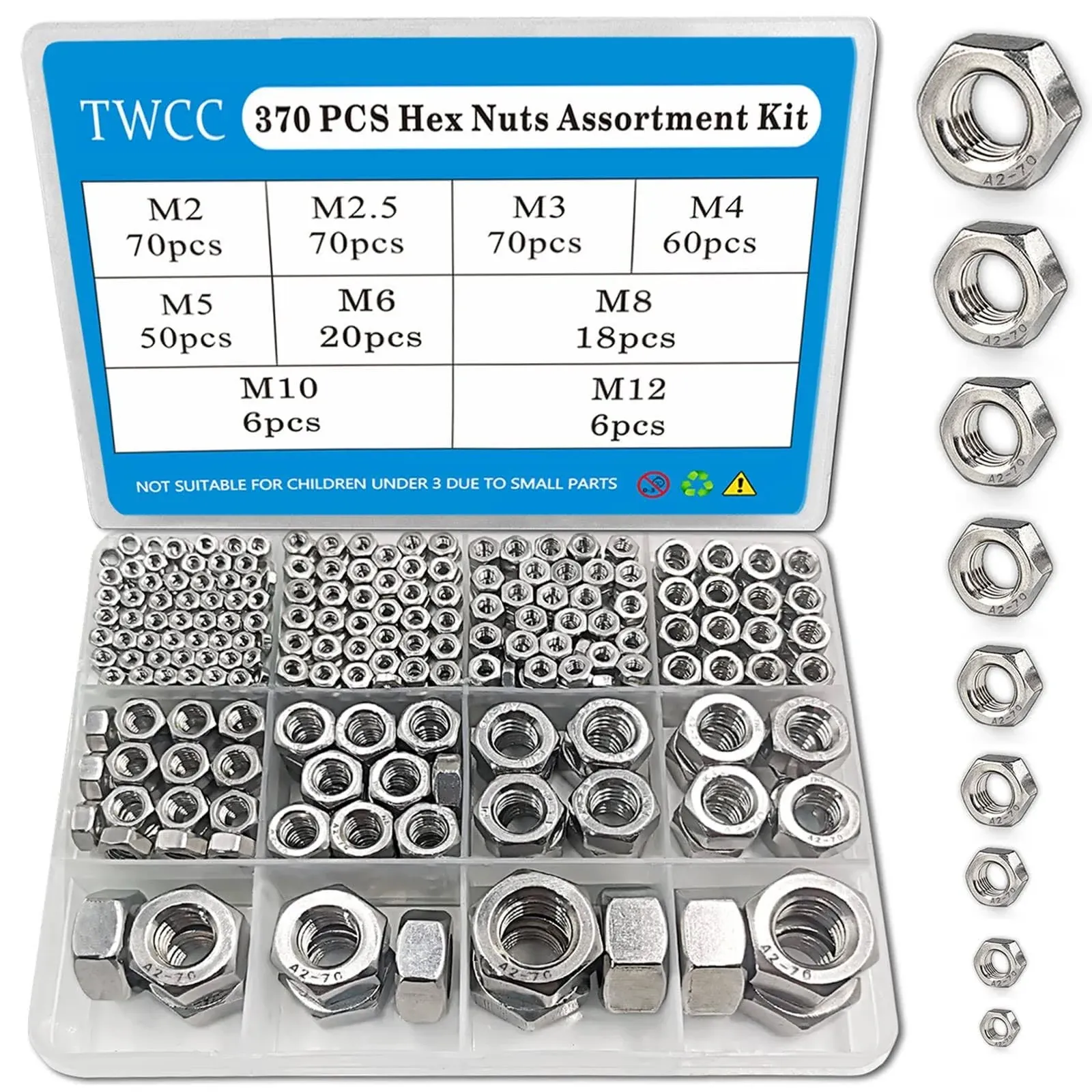 TWCC 370 PCS Metric Hex Nuts Assortment KitM2 M2.5 M3 M4 M5 M6 M8 M10 M12 Sta...