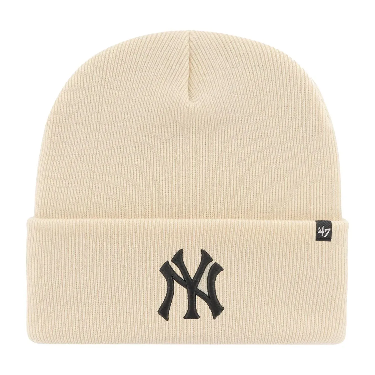 '47 New York Yankees Mens Womens Cuffed Knit Winter Hat, Stretch Fit, Cream/Natural White, Black Logo, One Size