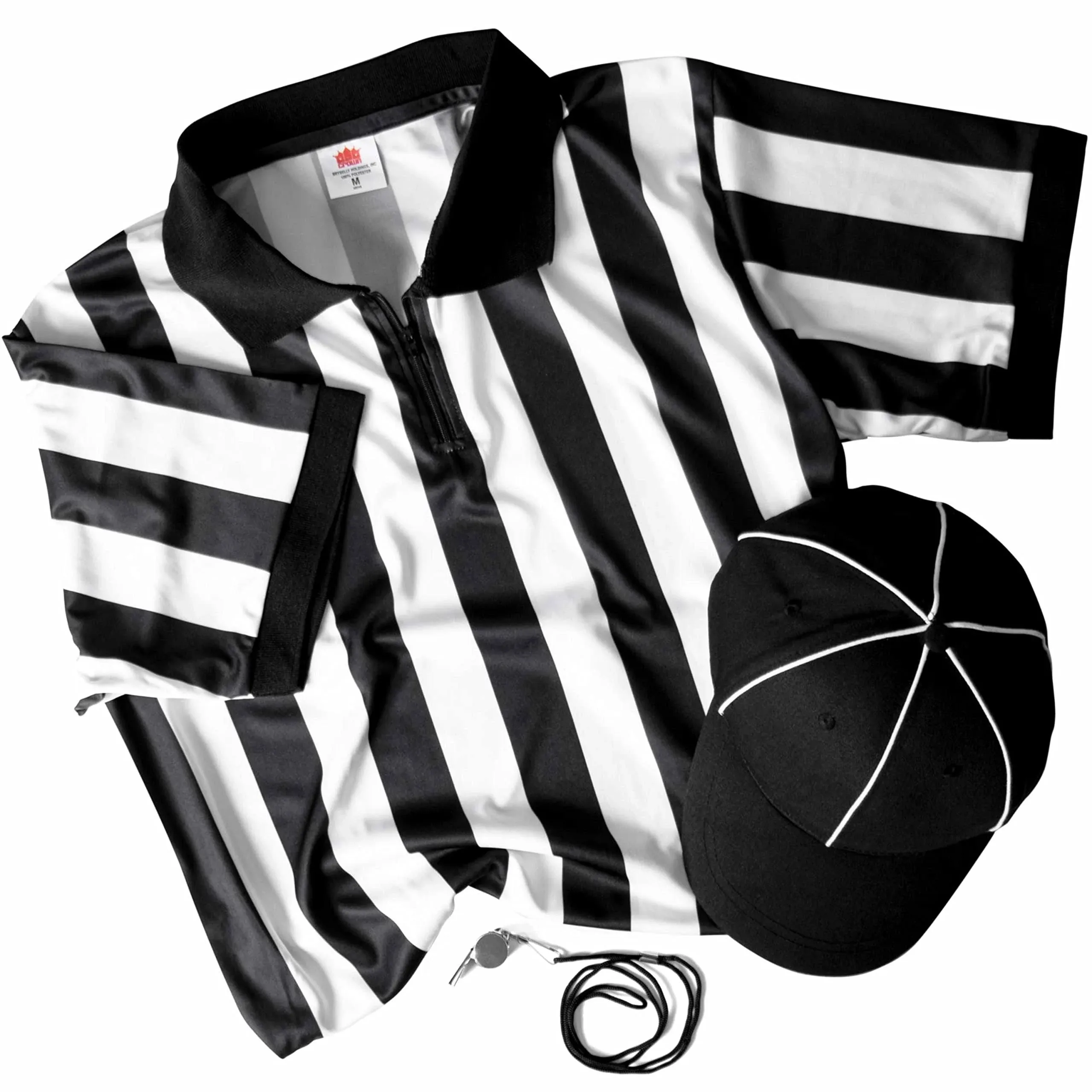 Referee Necessities Men's Bundle - Black & White Striped Official Jersey, Umpire Hat, & Stainless Steel Ref Pea Whistle with Lanyard - Pro/Amateur Team Sports Costume Apparel Kit for Men