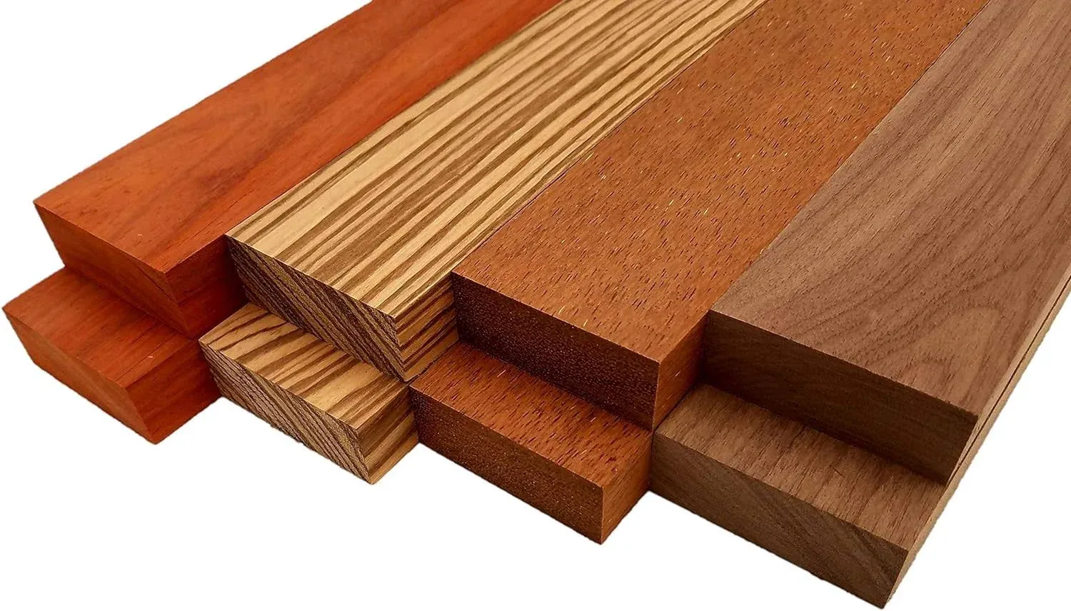 Imported Exotic Hardwood Variety Pack - Zebrawood, Walnut, Padauk, Okoume - 3/4" x 2" (8 Pcs)