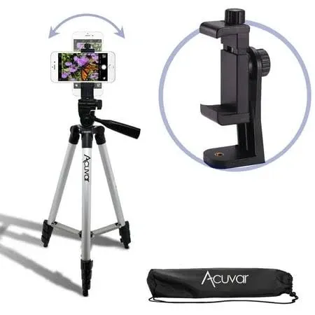 Acuvar 50" Inch Aluminum Camera Tripod and Universal Smartphone Mount For all iPhone, Samsung and Most Smartphones