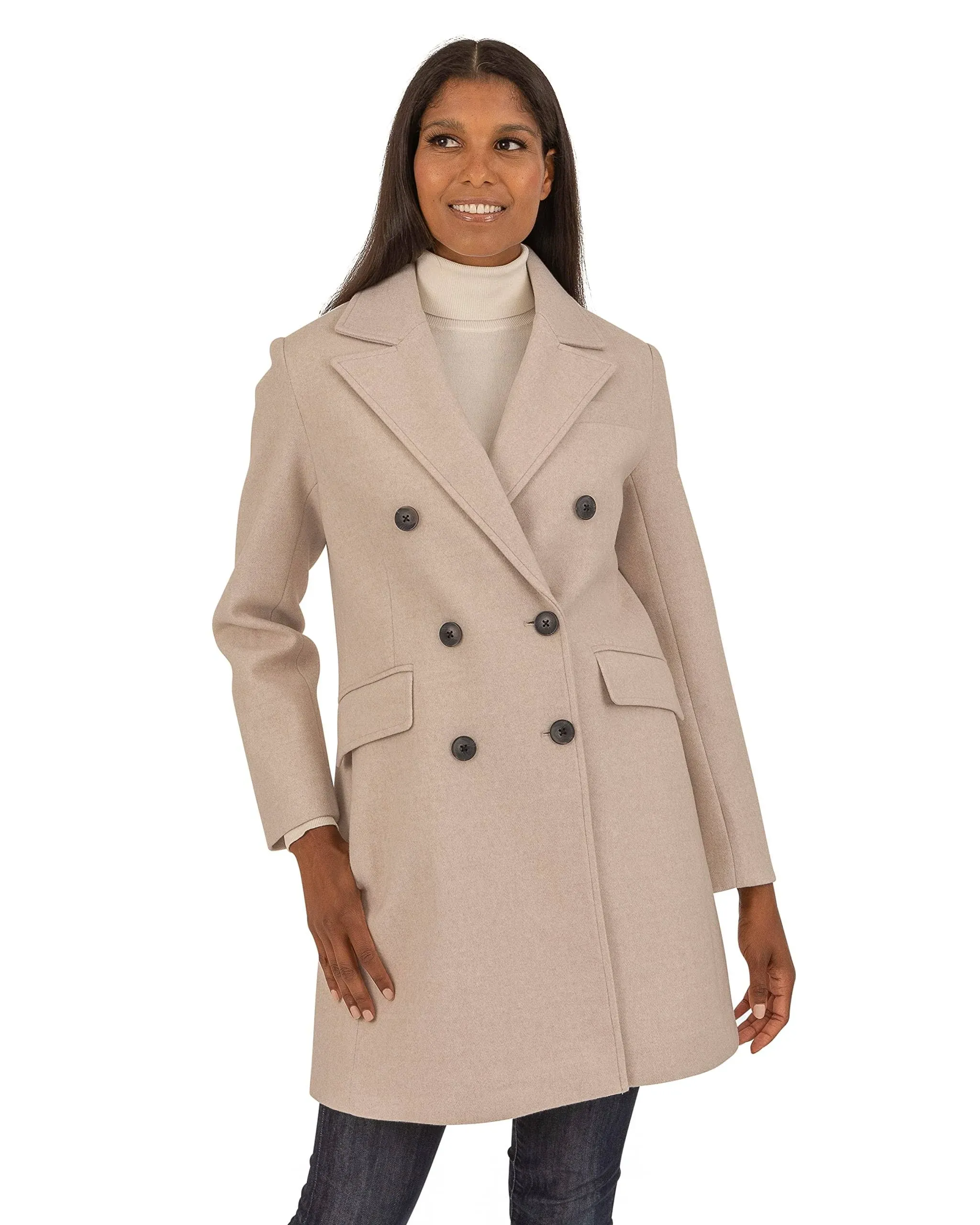 Kensie Women's Double Breasted Melange Faux Wool Peacoat