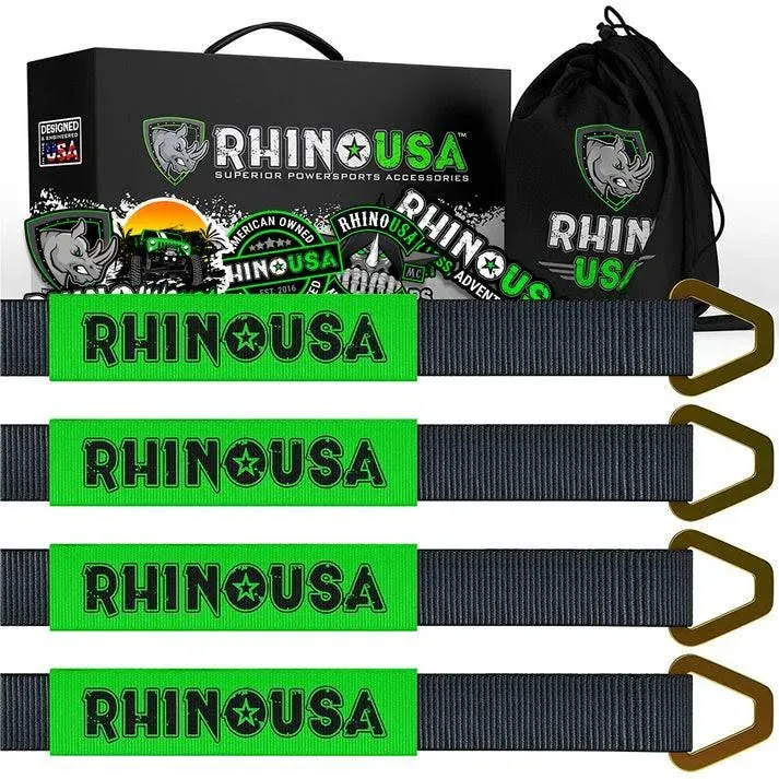 Rhino USA Axle Tie Down Straps - Lab Tested 11,128lb. Break Strength - Heavy Duty Protective Sleeves & D Rings to Ensure Peace of Mind - Used for Car, Truck, Trailer, UTV & More! (4-Pack Set Green)